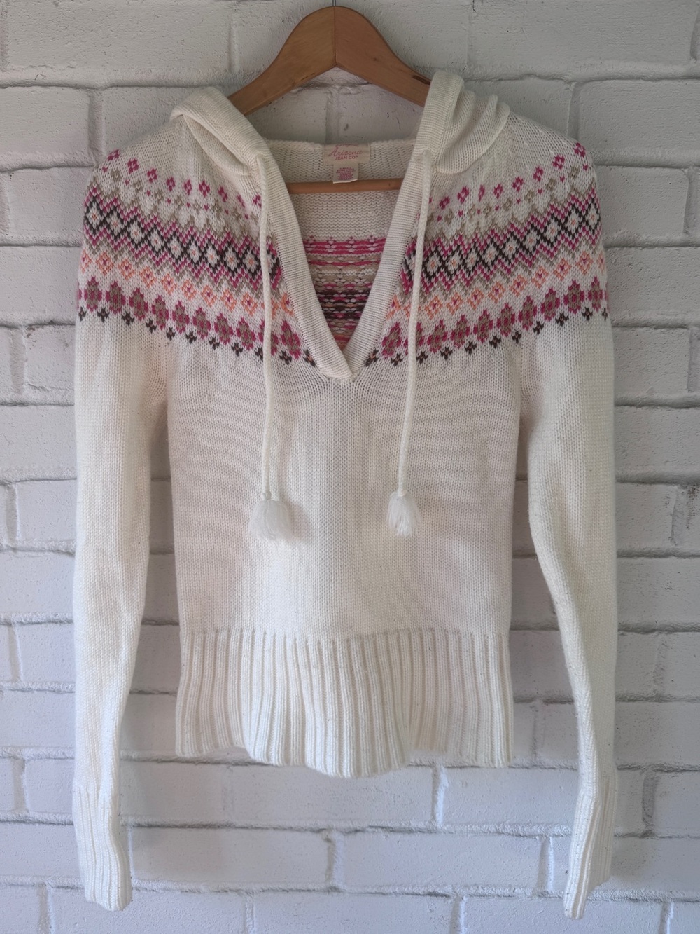 The Original Arizona Jean Company Cream & Pink Fair Isle Hooded Sweater Y2K VTG